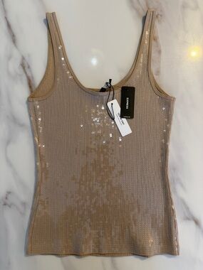 NEW Express 100% Cotton Sequin Ribbed Knit Tank Top Shirt - Small - Beige Tan